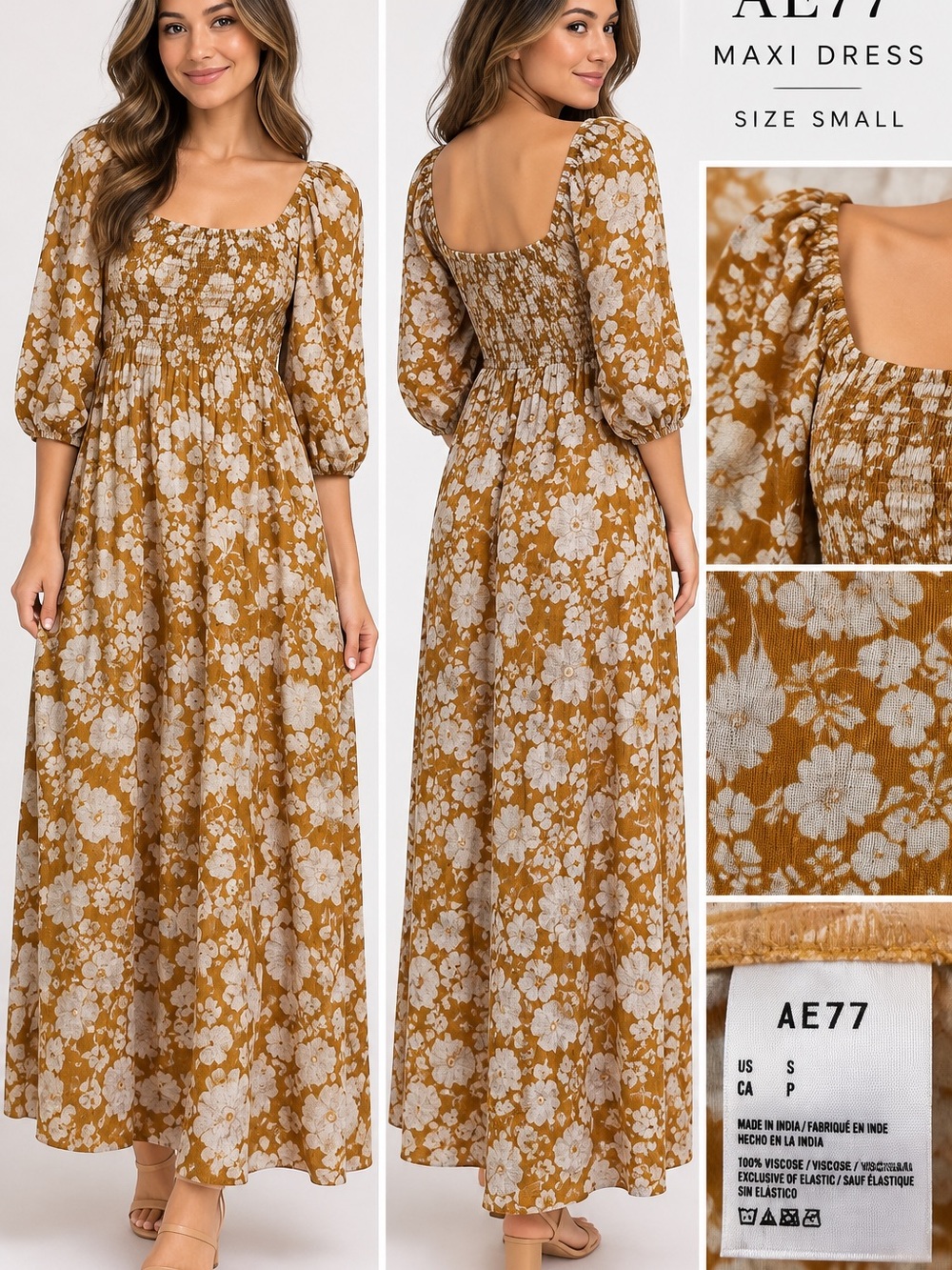 Aerie AE77 Premium Floral Smocked Puff Sleeve Maxi Dress Size Small NWOT